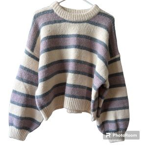 Pink Lily Striped Crew Neck Sweater - Cream, Gray, Pink